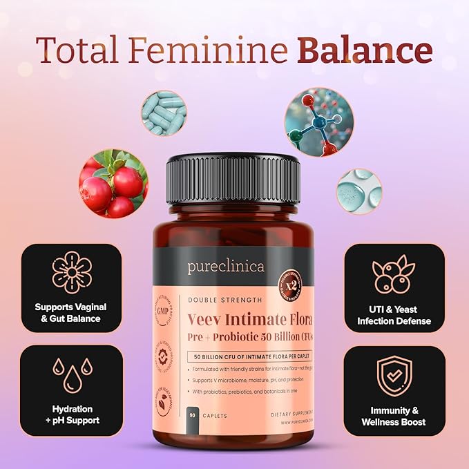 Veev Intimate Flora - Vaginal &amp Gut Microbiome Support – 50 Billion CFU – Probiotics Prebiotics Cranberry D-Mannose Hyaluronic Acid – 90 Caplets – 3 Month Supply