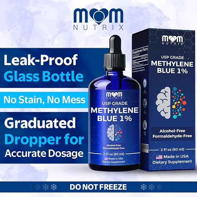 MOM NUTRIX Methylene Blue Pharmaceutical Grade - USP Grade 1% Solution Third-Party Tested Brain Health Dietary Supplement for Humans - No Formaldehyde Alcohol Free - Made in USA - 60 ml 2 oz