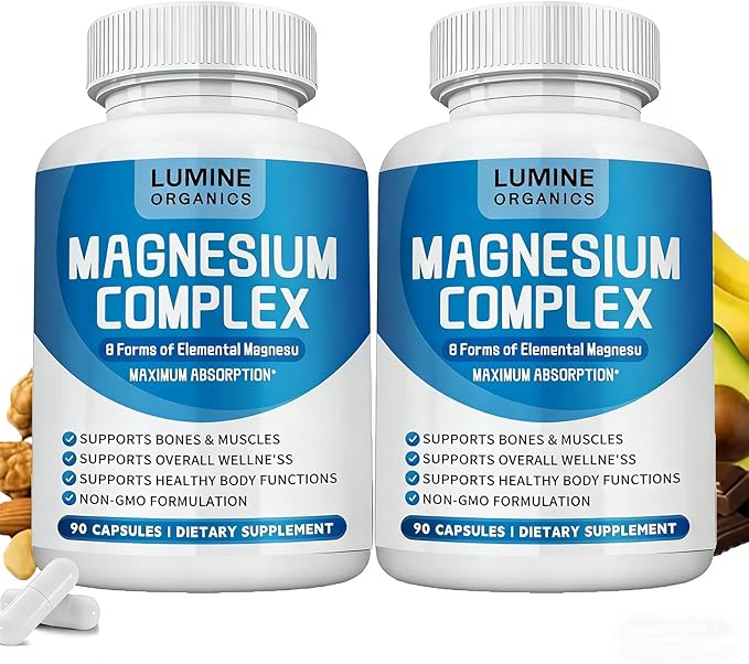 2PCSLumine Organics Magnesium Complex Supplement 1000mg - Advanced 8-in-1 Magnesium Blend - Glycinate Citrate Malate Taurate etc.– High Absorption Formula – Non-GMO 90 Capsules (2)