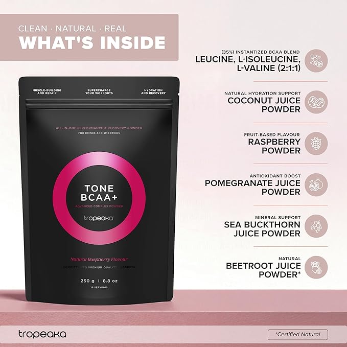 Tropeaka Tone BCAA+ Powder - BCAA Pre Workout Energy Powder for Muscle Growth Recovery &amp Endurance Rehydrating Post Workout Recovery Vegan Non-GMO - 8.8oz (16.5 Servings)
