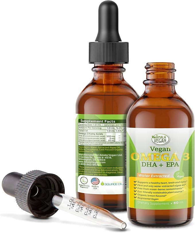Potent &amp Organic Vegan Omega 3 Liquid Supplement: Better Than Fish Oil! Plant Based Water Extracted Algae Oil- DHA EPA DPA Fatty Acids- Non GMO- Supports Immune Heart Brain &amp Joint Health-60