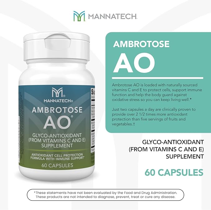 Mannatech Ambrotose AO 60 Capsules Loaded w/ Vitamin C and Vitamin E. Helps Body Against Free Radicals. Gluten-Free Dairy-Free &amp Vegetarian-Friendly Immune Support Supplement