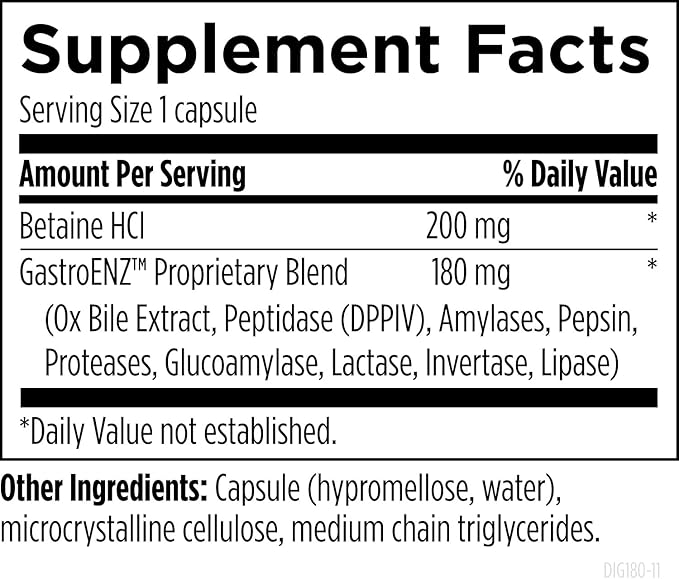 Designs for Health Digestzymes - Digestive Enzymes + Betaine Hydrochloride for Gas &amp Bloating Relief - Pepsin Ox Bile Lactase Enzyme &amp Lipase Enzymes for Digestion (180 Capsules)