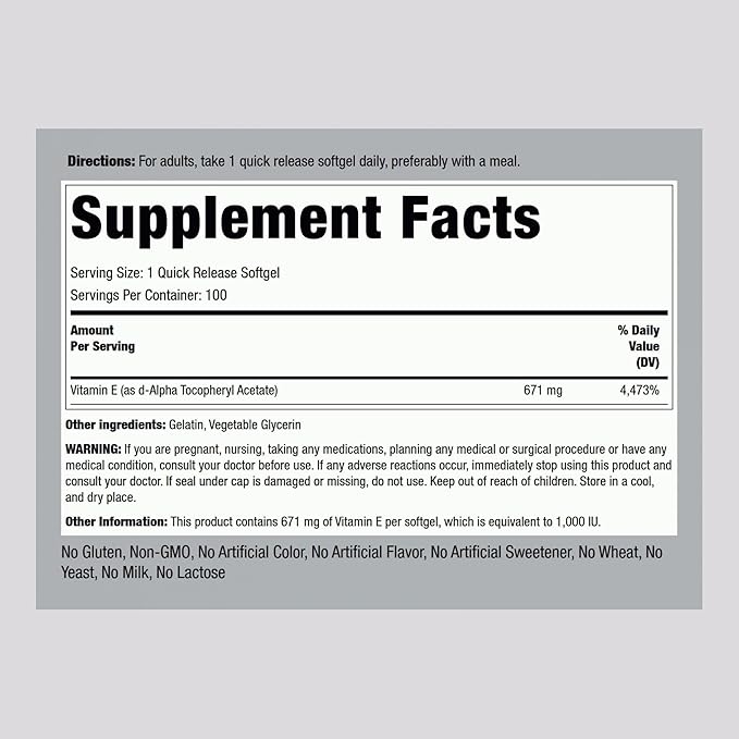 Piping Rock Vitamin E 1000 IU Softgel Capsules | 671mg | 100 Pills | D-Alpha Tocopheryl Supplement | Non-GMO Gluten Free