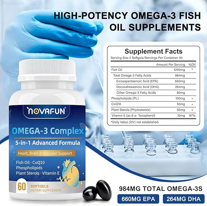 Omega 3 Fish Oil Supplements 1200mg - 984mg Omega-3 with CoQ10 Phospholipids &amp Plant Sterols - Heart &amp Brain Support for Men &amp Women - 60 Mini Softgels