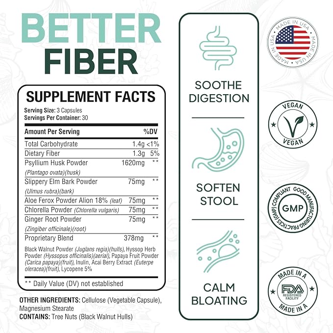 Organics Ocean Better Fiber - Daily Fiber Supplement - Soften Stool for Effortless Bowel Movements - with Psyllium Hulk and Slippery Elm - 6 Bottles