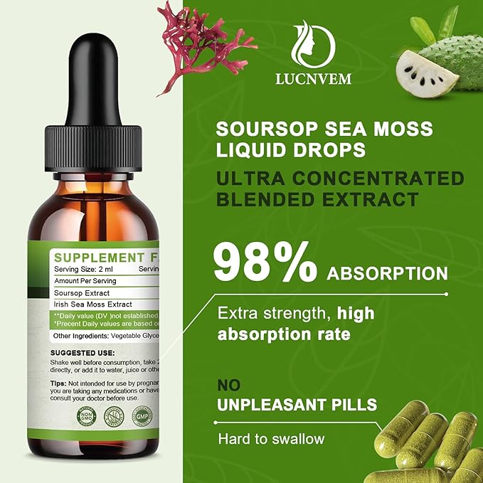 LUCNVEM (2 Pack) Soursop Graviola with Sea Moss Liquid Drops Soursop Bitters Liquid Rich in Multivitamin for Natural Antioxidant Immune Boost Cell Support &amp Regeneration Pineapple Flavor