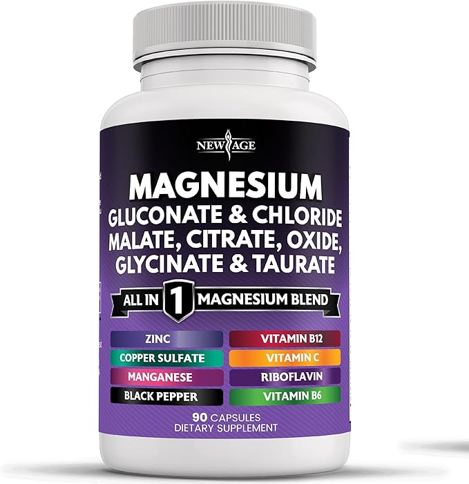 NEW AGE Magnesium Supplement -Powerful Glycinate Citrate Malate Oxide Taurate Aspartate Gluconate Orotate &amp Mag Chloride Manganese Bone Health and Bone Strength Joint Support - 90 Count