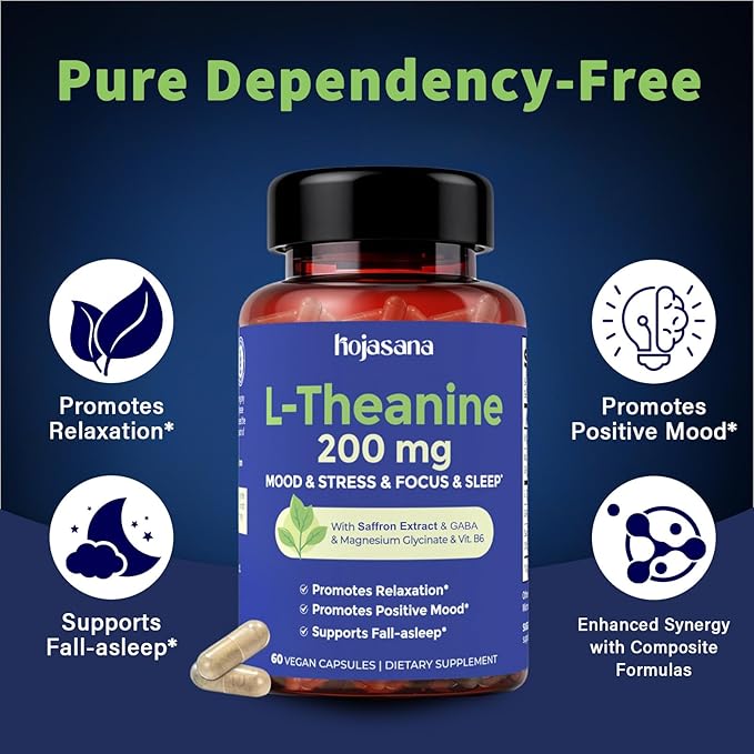 L Theanine 200mg with Saffron GABA Magnesium Glycinate &amp Vitamin B6 L-Theanine Supplement Advanced Complex Formula for Mood Relaxation &amp Stress Relief &amp Sleep Support 60 Vegan Capsules