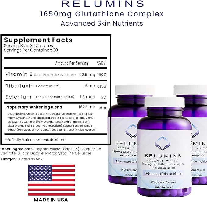 Relumins L-Glutathione Complex 1650mg - Spring Glow Essentials Antioxidant Support with Alpha Lipoic Acid NAC L-Methionine &amp Vitamin E for Skin Made in USA - 90 Vegetarian Capsules x 3 Bottles