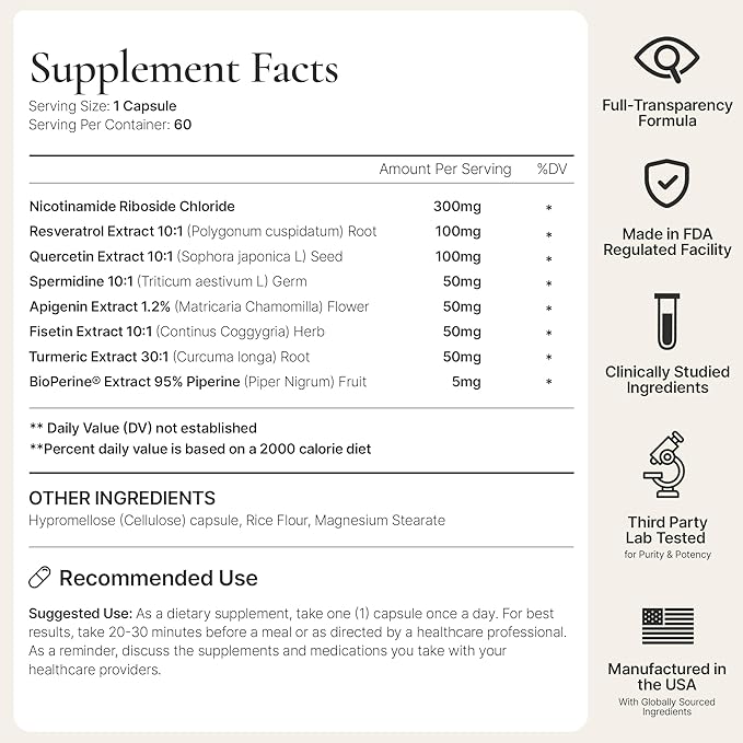 Timeless - NAD+ Supplement with BioPerine® for Enhanced Absorption - Supports Anti-Aging Longevity Cellular Energy – Nicotinamide Riboside Spermidine Resveratrol &amp More (60 Capsules)