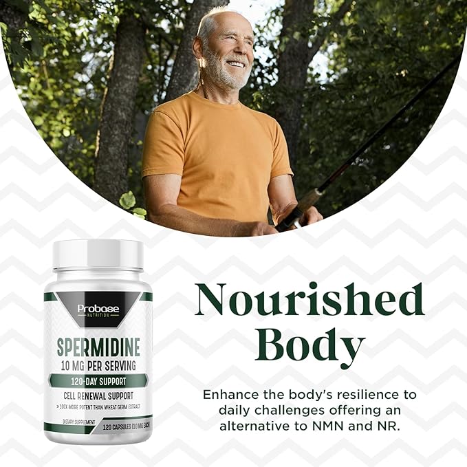Probase Nutrition Spermidine (10mg of 99% Spermidine 3HCL - Third Party Tested) 120 Capsules - 100x More Potent Than Wheat Germ Extract Telomere Health and Aging 120-Day Supply - As efficient as NMN