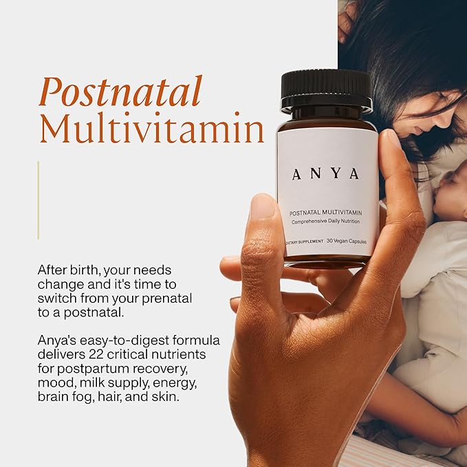 ANYA Postpartum Multivitamin Postnatal Vitamin for Women Breastfeeding 30 Capsules - Vitamins A C D3 Zinc B12 Biotin Folate and Iron - 100% Vegan Non-GMO Gluten Free Baby Shower Gifts
