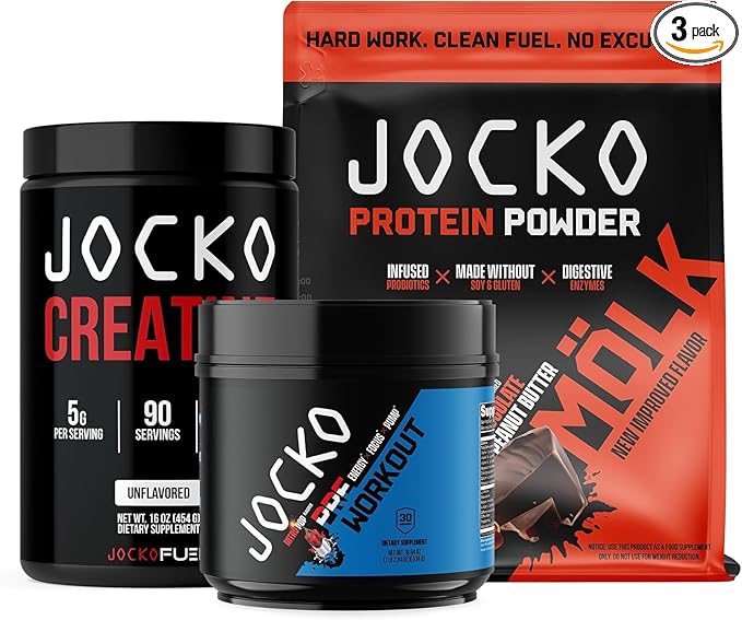 Jocko Fuel 3 Pack Bundle - Creatine Chocolate Peanut Butter MOLK Protein &amp Nitro Pop Pre Workout