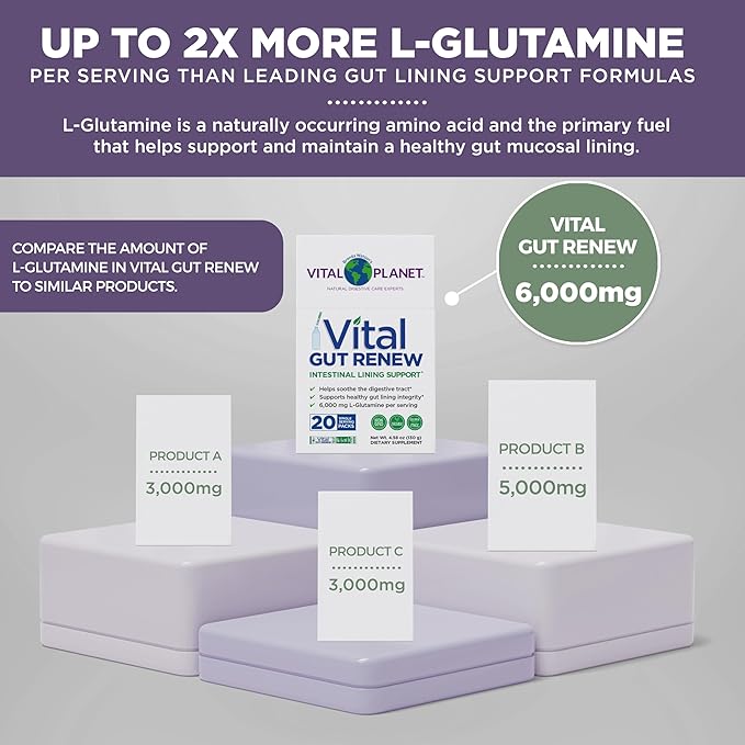 Vital Planet - Vital Gut Renew Powder Supplement for Leaky Gut Repair with L-Glutamine Marshmallow and Ginger Root DGL Licorice Root and Organic Aloe Vera L Glutamine 6000mg 20 Single Serve Packs