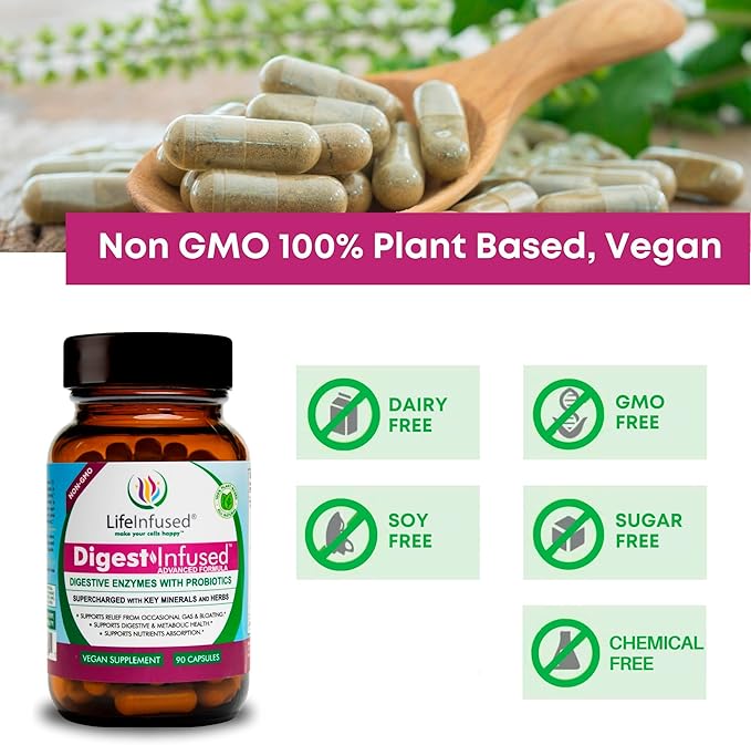 Life Infused Digestive Enzymes with Probiotics – 21 Plant-Based Enzymes with Bromelain Papain Amylase &amp Protease – Digestive Support for Gas &amp Bloating – 72 Trace Minerals &amp Herbs – Vega