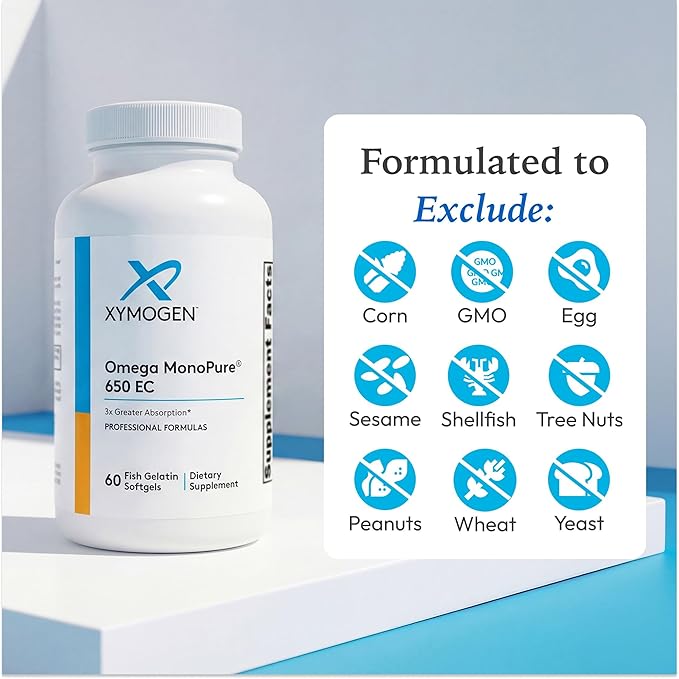 XYMOGEN Omega MonoPure 650 EC - Heart &amp Brain Support - DHA &amp EPA Omega-3 Fish Oil - Monoglyceride High Absorption Softgels - Enteric Coated - 60 Softgels