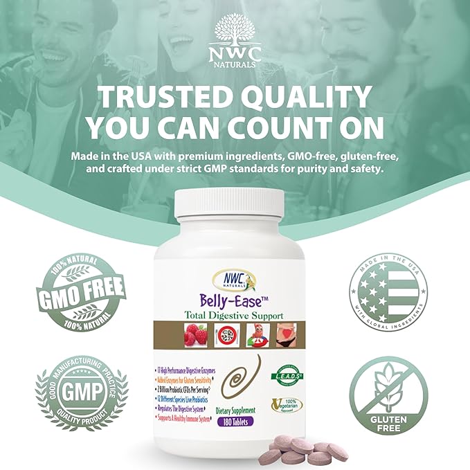 NWC Naturals Belly-Ease Healthy Digestive Enzymes Plus Prebiotics &amp Probiotics Essential Enzymes Vegetarian Better Digestion Full Spectrum Digestive Solution - 180 Count Chewable Tablets