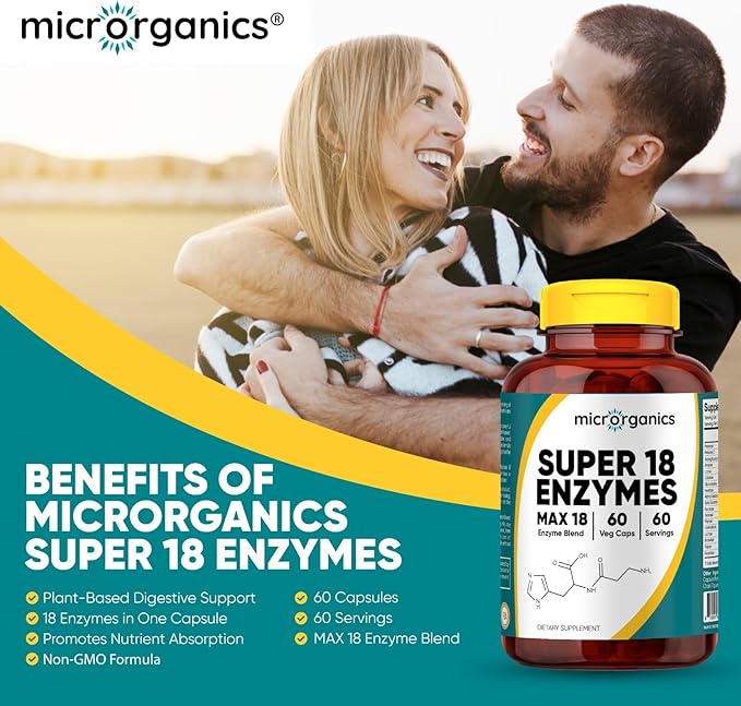 Super 18 Enzymes MAX 18 – Broad-Spectrum Plant-Based Digestive Enzyme Complex – Supports Comfortable Digestion &amp Nutrient Absorption – 60 Vegan Capsules 60 Servings