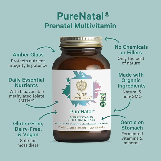PURE SYNERGY PureNatal Prenatal Vitamins | Vegan Supplement Made with Organic Whole Foods | with Natural Iron Folate and Choline | for Pre-Conception Pregnancy and Breastfeeding (120 Tablets)