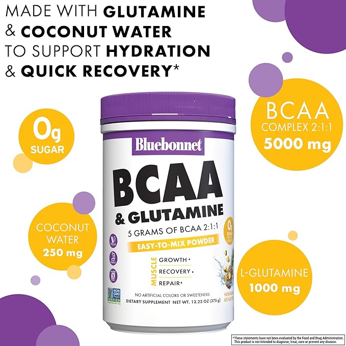 BlueBonnet Nutrition 5g BCAA 2:1:1 &amp 1000 mg Glutamine Powder – for Muscle Recovery &amp Hydration - Sugar Free Non-GMO Project Verified– Hawaiian Ice Flavor – 30 Servings