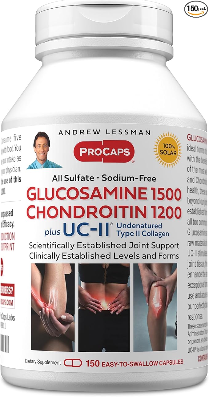Andrew Lessman Glucosamine Chondroitin + UC-II – 150 Capsules – 100% Sulfate Form Research Established Ingredients and Levels for Support of Healthy Joint Tissue. Small Easy to Swallow Capsules