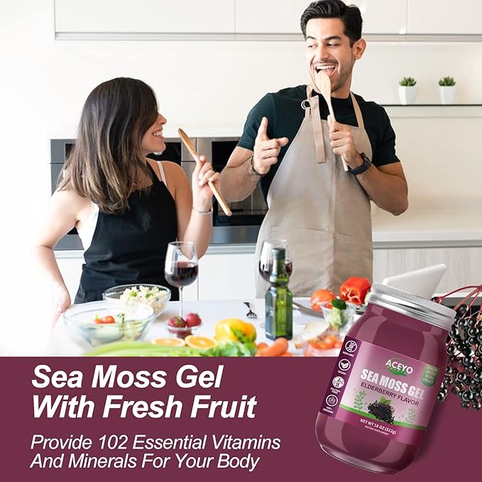 (18 OZ) Irish Elderberry Sea Moss Gel Organic Raw Vegan Flavor 102 Vitamins and Minerals Wild Harvested Non-GMO Immune Defense Booster Thyroid Digestive Support