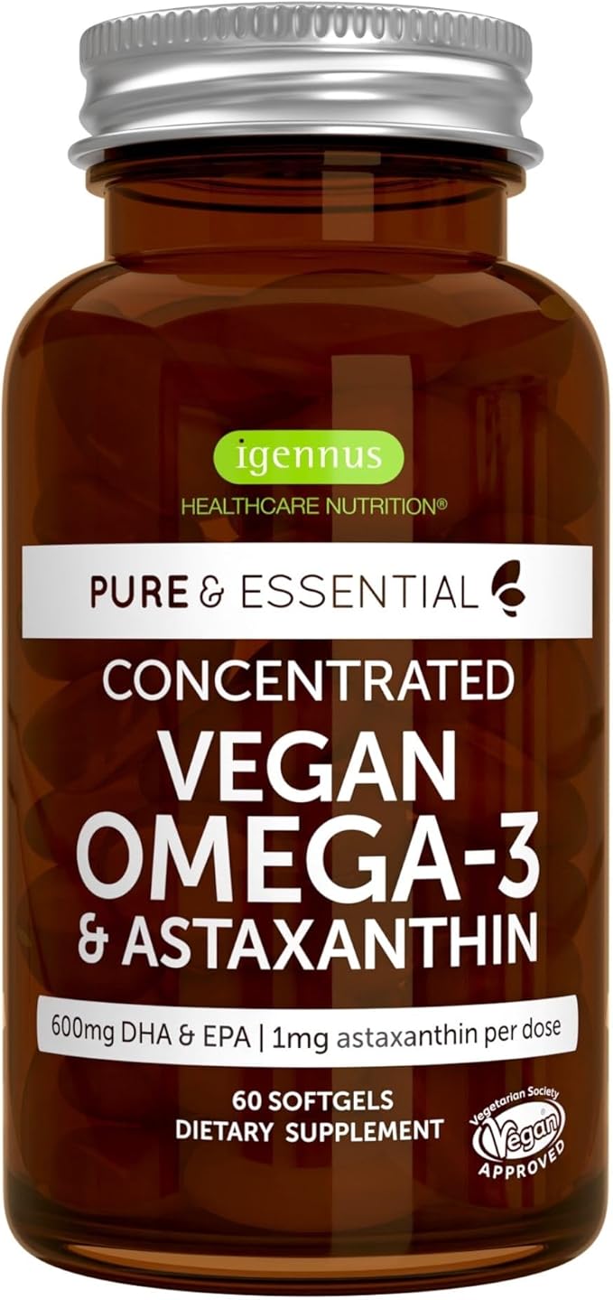 Igennus Vegan Omega-3 Natural Algae Oil DHA &amp EPA Certified Pure Plant Based Fatty Acid Supplement with Astaxanthin Antioxidant 60 Small Softgels 2 per Day 30 Servings