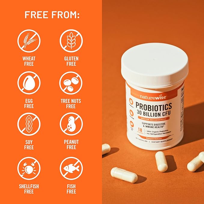 NatureWise Max Probiotics for Women &amp Men - 30 Billion CFU 18 Strains With Prebiotics - For Gut &amp Digestive Health - Delayed-Release Capsules Gluten Free - 60 Capsules[2-Month Supply]