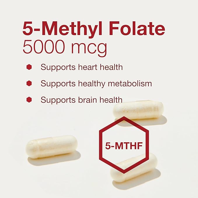 PROTOCOL FOR LIFE BALANCE 5-Methylfolate 5000mcg - Superior Methyl Folate Bioavailability - for Brain Support - Folate Supplement for Women &amp Men - Kosher &amp Vegan - 50 Veg Caps