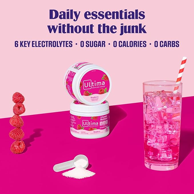 Ultima Replenisher Daily Electrolyte Powder Drink Mix – Sugar Free – Raspberry 30 Servings – Hydration Powder with 6 Key Electrolytes and Trace Minerals – Keto Friendly Vegan Non-GMO