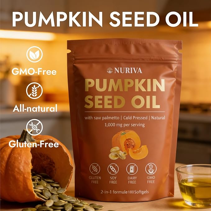 NURIVA Pumpkin Seed Oil with Saw Palmetto – Cold Pressed Pure Virgin Oil Rich in Essential Fatty Acids &amp Phytosterols – Supports Hair Urinary &amp Prostate Health – Non-GMO 100% Natural(1pc)