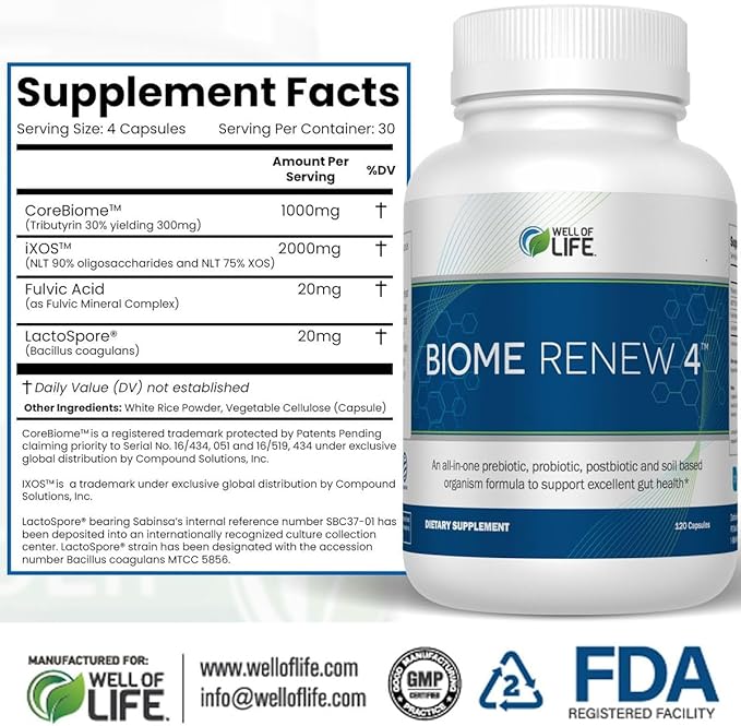 Well of Life Biome Renew 4 - All-in-one Digestive &amp Gut Health Formula - w/Digestive Enzymes Prebiotics &amp Probiotics for Healthy Gut Biome for Men and Women - Supports Gut Lining Gas &amp Bl