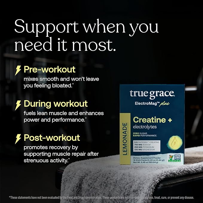 True Grace ElectroMag + Creatine Monohydrate - 16 Stick Packs - Lemonade - Electrolyte Powder for Rapid Performance - Sodium Potassium Magnesium Chloride - Zero Sugar - Non-GMO - 16 Servings