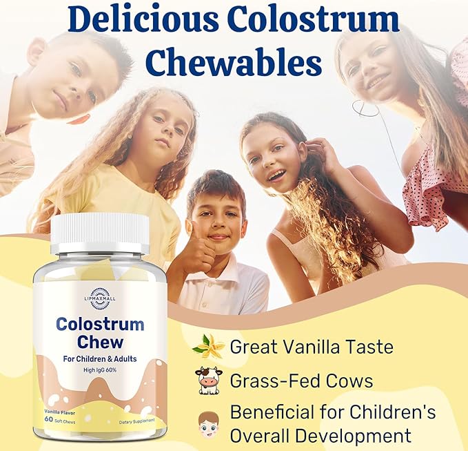 Bovine Colostrum Chews Supplement with 60% IgG for Humans Women Men Kids- for Immune Gut Bone Joint Cognitive Overall Growth from Grass-Fed Cows &amp Vanilla Flavor 60 Soft Chews
