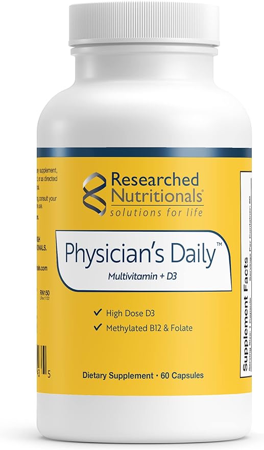 Researched Nutritionals Physician's Daily + D3 Supplement - Daily Multivitamin for Men and Women with Vitamin D3 2000iu Vitamin B12 Vitamin B6 + Methylated Folate (60 Capsules)