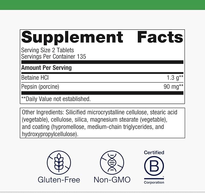 Metagenics SpectraZyme Betaine HCl with Pepsin - Digestive Support for Protein Breakdown &amp Nutrient Absorption* - Betaine Hydrochloride 650 mg &amp Pepsin 40 mg - Non‑GMO Gluten‑Free - 270 Capsu