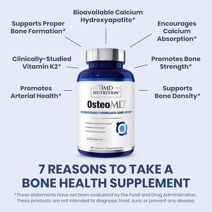 1MD Nutrition OsteoMD for Comprehensive Bone Support | with Calcium Hydroxyapatite Vitamin D3 &amp K2 | 180 Capsules (2-Pack)