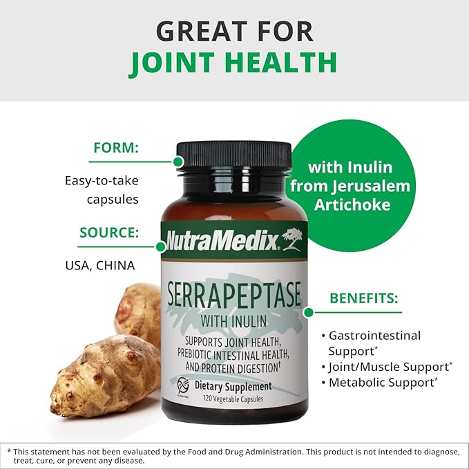 Nutramedix Serrapeptase Supplement - Proteolytic Enzymes for Digestion + Inulin - Made to Support Digestive Health Support - Gluten Soy and Dairy-Free (60 Capsules)