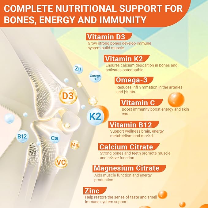 Vitamin D3 K2 Gummies Vitamin D3 10000 IU &amp K2 (MK-7) 200 mcg - D3 K2 Supplement with Omega 3 Calcium Magnesium for Bone Muscle Teeth Immune