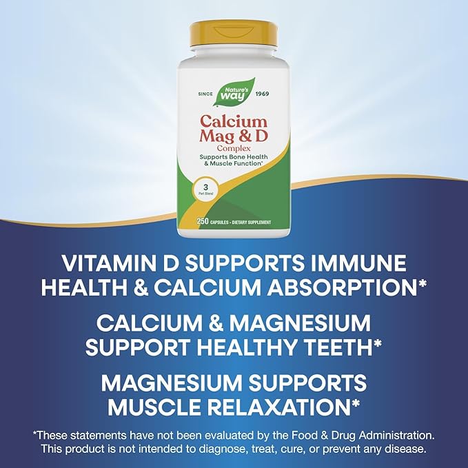 Nature's Way Calcium Magnesium &amp Vitamin D3 Complex Healthy Bones &amp Teeth Muscle Function and Relaxation* Gluten Free 250 Capsules (Packaging May Vary)
