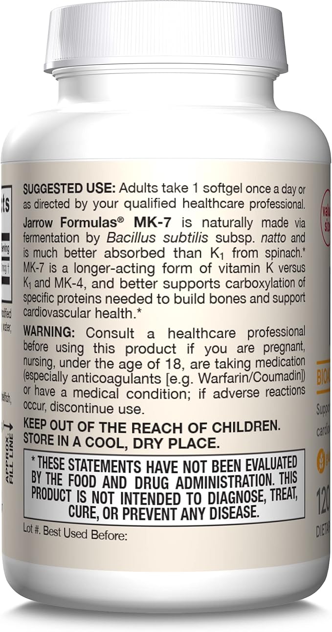 Jarrow Formulas MK-7 90 mcg - Bioactive Form of Vitamin K2-120 Servings (Softgels) - for Bone &amp Cardiovascular Health - Vitamin K2 MK-7 Dietary Supplement - Gluten-Free