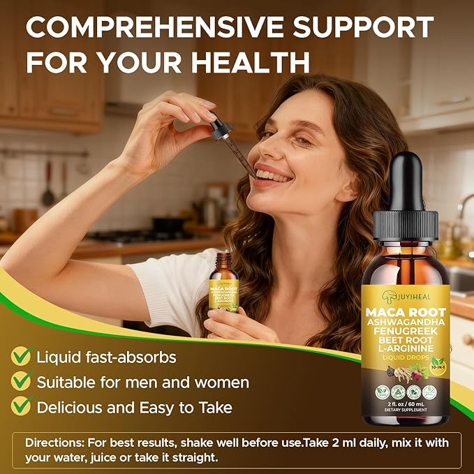 10-in-1 Maca Root Liquid Drops Maca Root with Ashwagandha Nettle Fenugreek Beet Root and L-Arginine Maca Supplement for Overall Support - 2 fl oz