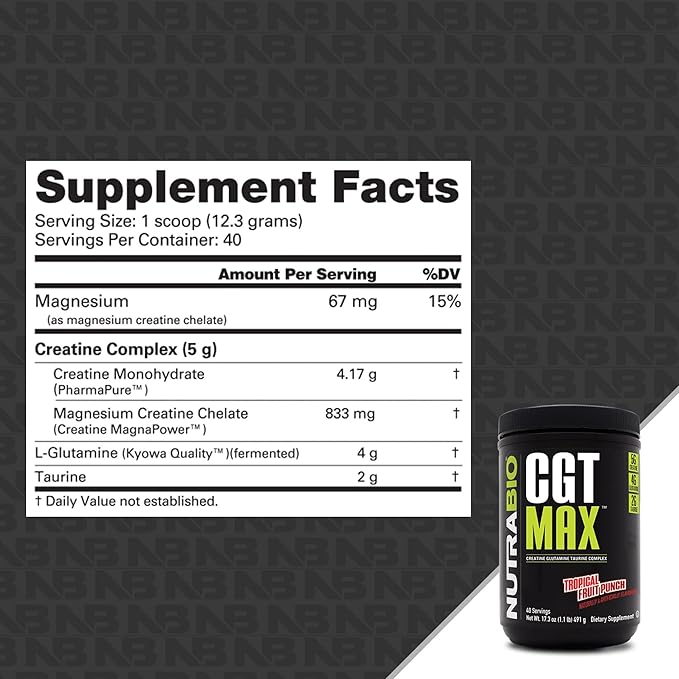 NutraBio CGT-MAX Powder- Creatine Glutamine and Taurine to Support Muscle Recovery and Strength - 40 Servings - Tropical Fruit Punch…