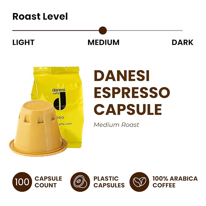Danesi Caffe Italian Coffee Capsules - Medium Roast Espresso Coffee Pods for Home &amp Office Use - Premium Italian Oro Blend 100-Count Pack