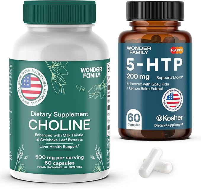 WONDER FAMILY Maximal Focus Bundle - Choline Bitartrate 500MG for Focus &amp Memory 5-HTP Supplement for Energy - 60 5HTP 200MG Capsules 60 Choline Capsules