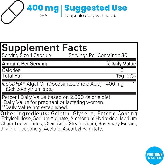 Portions Master DHA Prenatal renatal Omega-3 Supplement with 300 mg DHASupports Fetal Brain &amp Eye Development Pregnancy &amp Breastfeeding Nutrition Non-GMO Gluten-Free (30 Softgels)