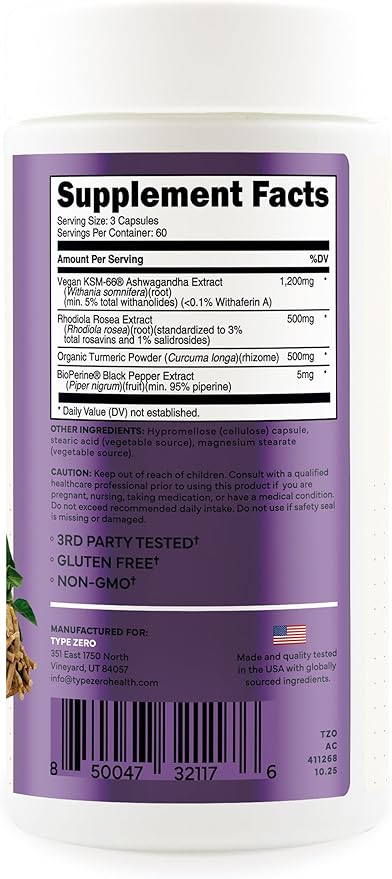 Type Zero KSM-66 Ashwagandha Root Extract 1200mg 60 Servings - High Potency 5% Withanolides - with Turmeric Rhodiola Rosea and BioPerine Black Pepper Extract - 180 Veggie Caps