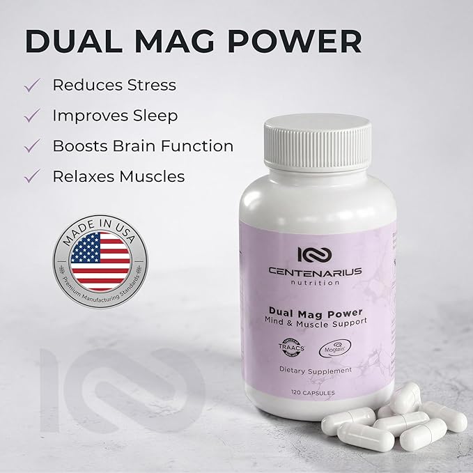 Centenarius Nutrition Dual Mag Power – Advanced Magnesium Complex with Magtein &amp TRAACS for Focus Sleep Muscle Recovery &amp Energy Balance
