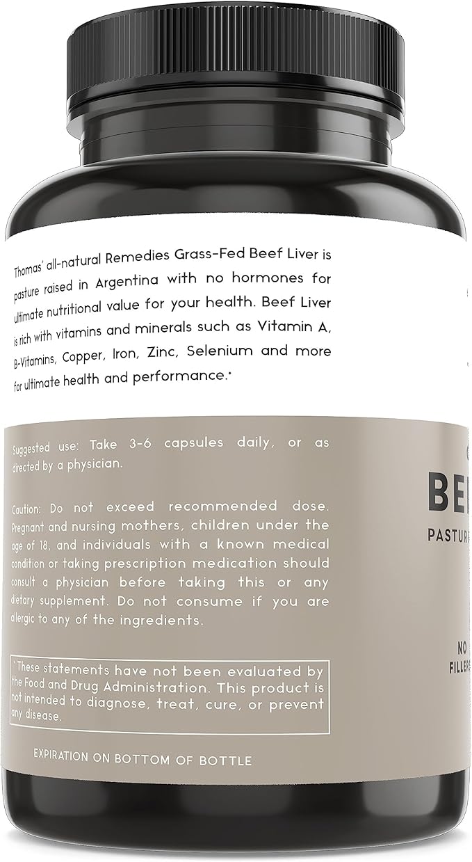 Thomas' all-natural Remedies Grassfed Beef Liver Supplement 3000mg Liver Support Supplement Pasture Raised in Argentina Non-GMO &amp Hormone Free (180 Caps)